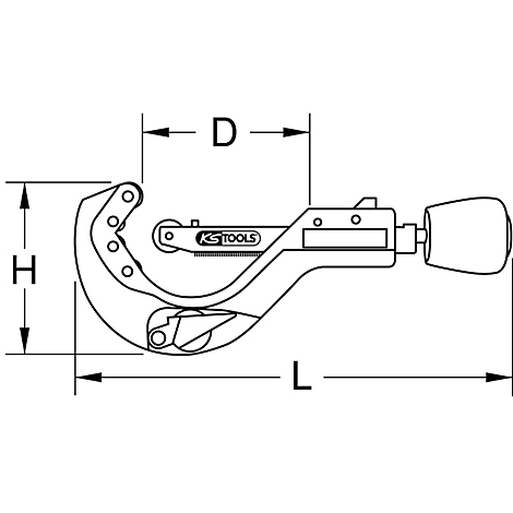 Rohrschneider mit den Maßen H, D und L. Das Werkzeug hat einen Griff und das Logo 'KS TOOLS'.